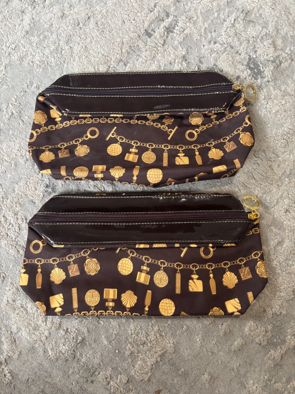 Estee Lauder Brown Cosmetic Pouch Duo with Gold Chain Print